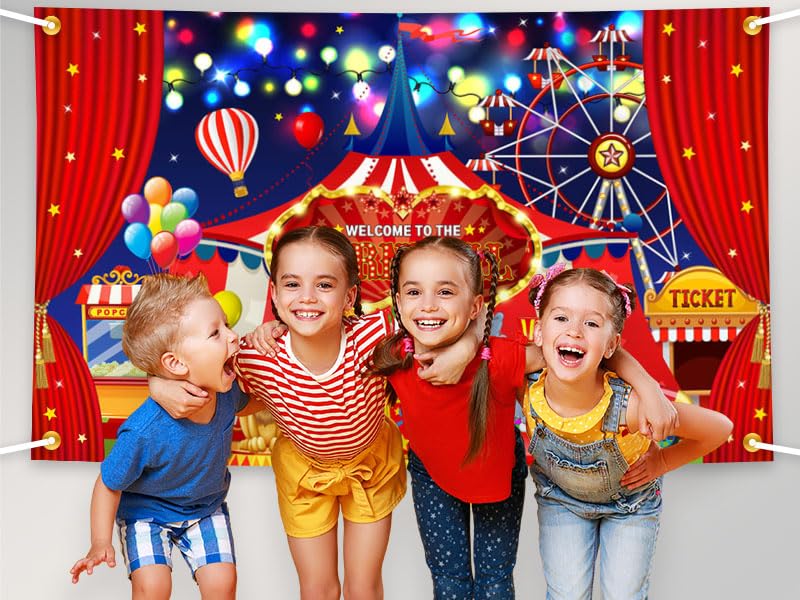 Zirkus Karneval Fotohintergrund – 180x100 Cm, Mit Rotem Vorhang & Riesenrad, Für Party-Deko & Fotos