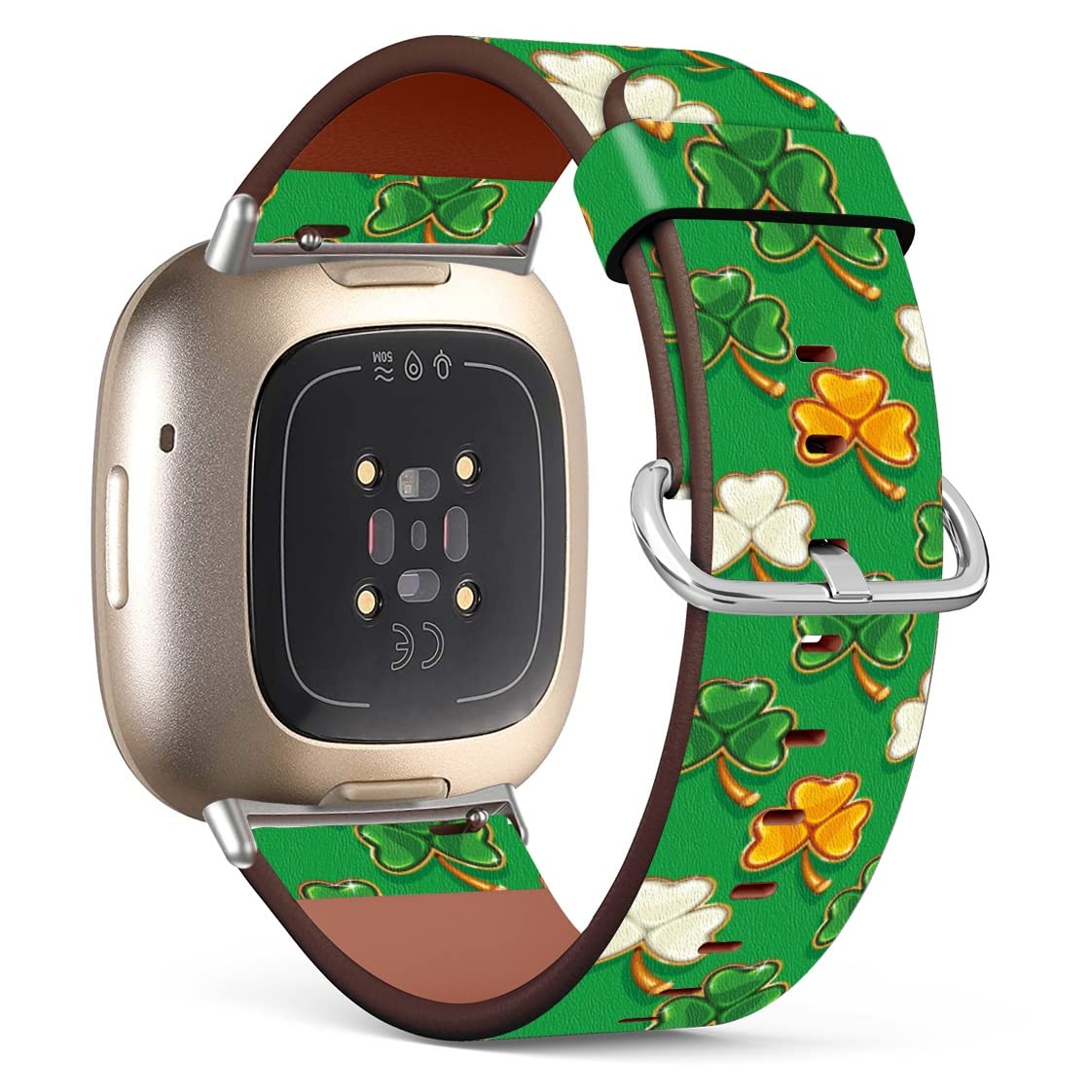 Mingdao Compatible with Fitbit Sense 2 / Sense/Versa 4 / Versa 3 Patterned Leather Replacement Band (Shamrocks Clover In Irish Flag Color For St. Patrick'S Day)