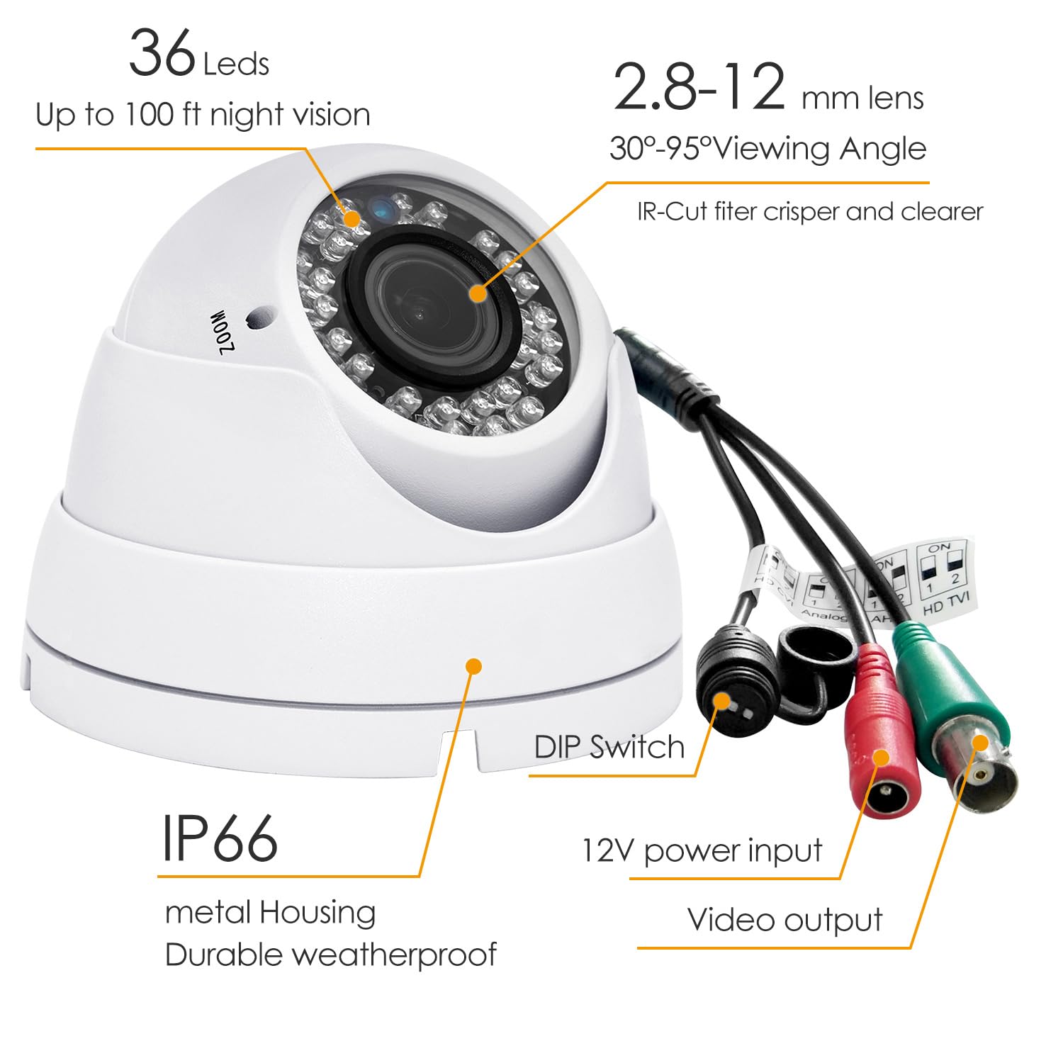 Analog CCTV Camera HD 1080P 4-in-1 (TVI/AHD/CVI/CVBS) Security Dome Camera Outdoor, 2.8mm-12mm Manual Focus/Zoom Varifocal Lens, Weatherproof Metal Housing 36 IR-LEDs Day & Night Monitoring (White)