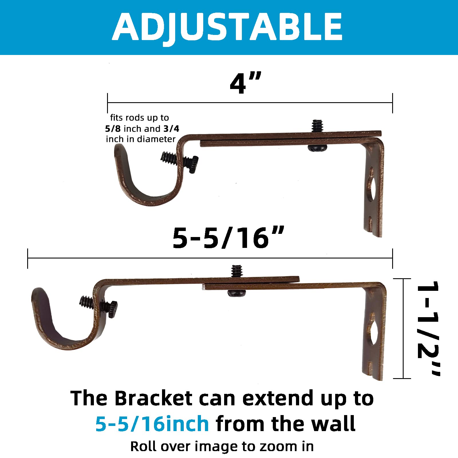 Kowibcl 4PCS Adjustable Curtain Rod Brackets, Bronze, Fits up to 3/4 inch Rods, Heavy Duty, Wall Mount