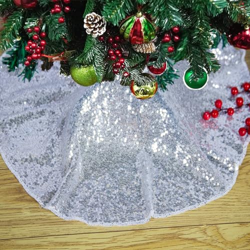 Christmas Tree Skirt Small 24 Inch Sequin Tree Skirt Silver Xmas Holiday Decoration Glitter Tree Skirts for Halloween Small Round Christmas Tree Mat Luxury (24 Inches, Silver)