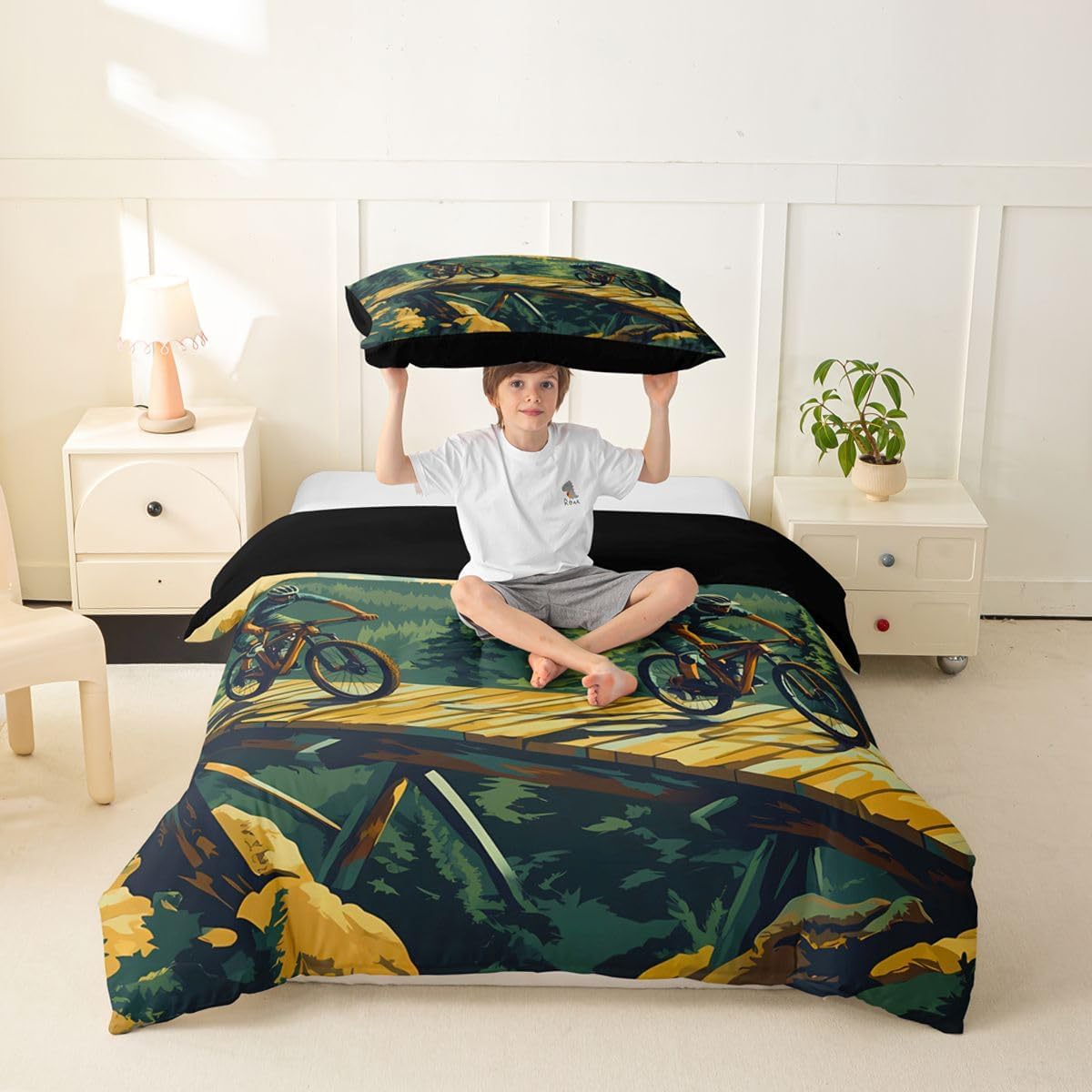 Castle Fairy Mountain Bike Bedding Sets Twin Size,Adventure Jungle Pine Trees Mountain Duvet Cover for Boys Men Adults,Cycling Extreme Sports Style Quilt Cover with 1 Pillowcase(No Comforter)
