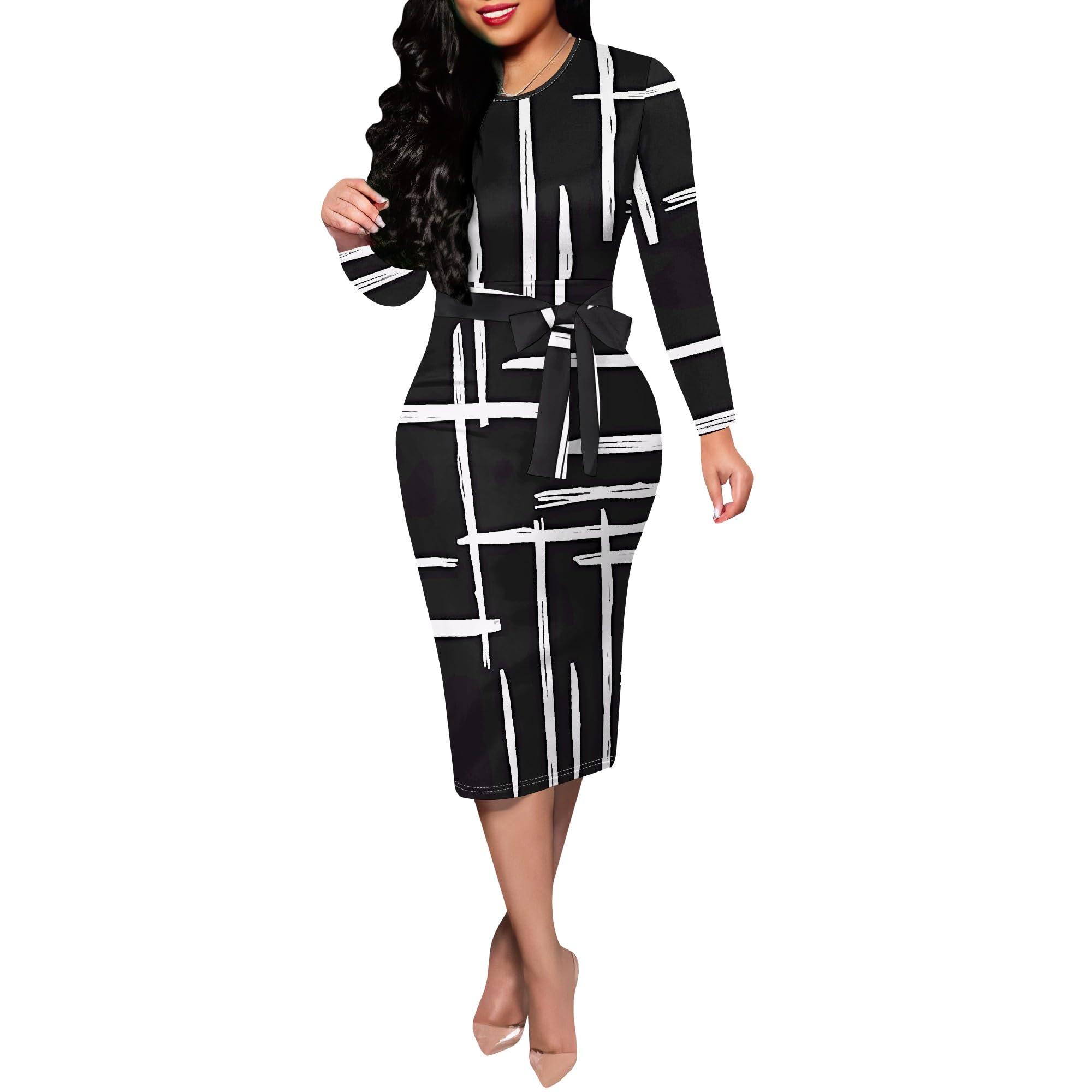 Womens Bodycon Pencil Dress Church Teacher Office Modest Business Wear to Work Long Sleeve Empire Waist Midi Dresses