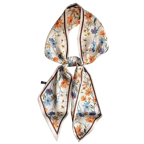 GIMIRO Satin Seidenschal 148 x 13,5 cm Krawatte Double Layer Bund für Blazer, Mantel, Kleid (22# Beige/Orange/Blue Floral)