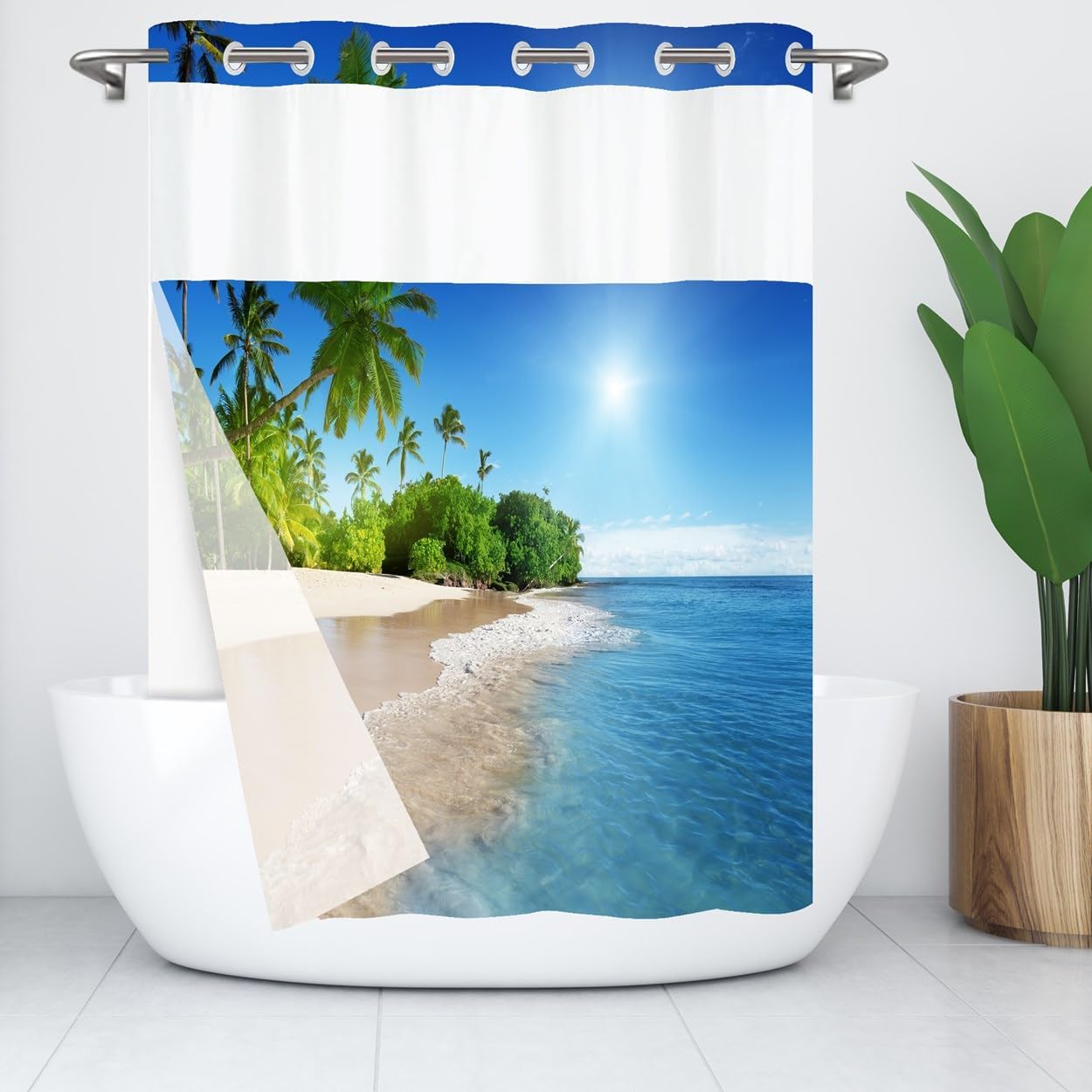 No Hook Shower Curtain with Snap in Liner,Ocean Beach Seaside Palm Trees Island Shower Curtains, Double Layer, Mesh Top Window,71 x74 inches,Blue