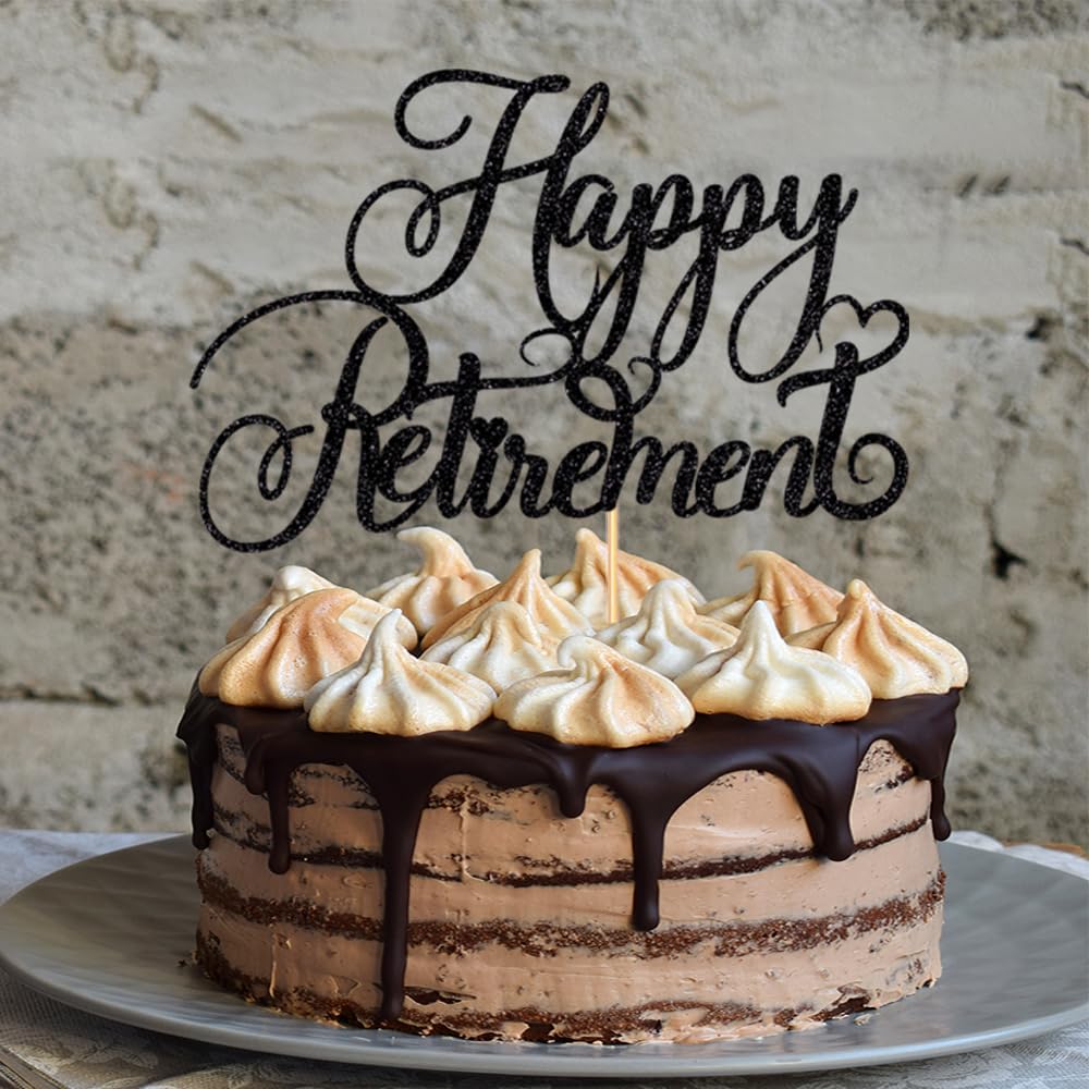 Ruhestand Cake Topper – Goodbye Tension Hello Pension, Schwarz-glitzernd, 13,5x21 Cm, Für Abschiedsparty