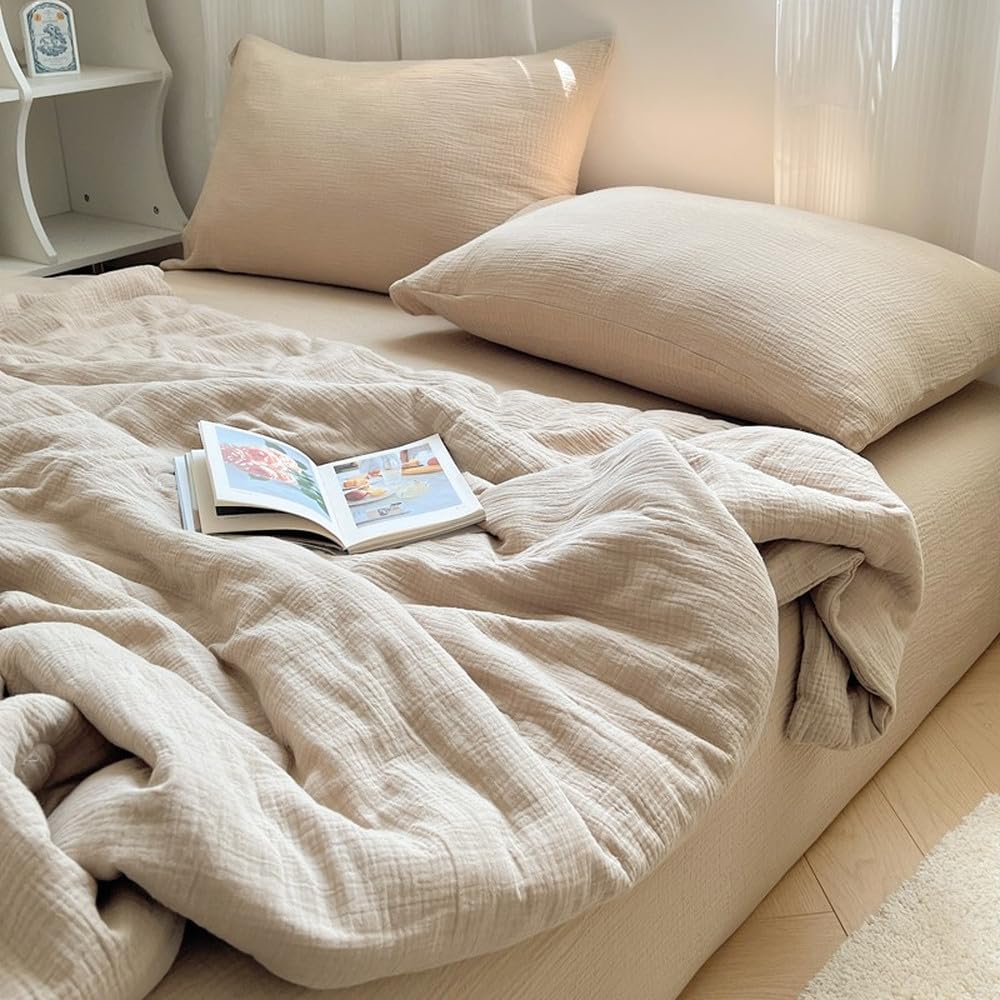 Edredón/Confort de Verano Twin Queen, sábana Plana, 2 Fundas de Almohada, Lino Ultra Suave, Ligeramente Arrugado, Tacto Transpirable, Color 4, 110 x 150 cm, 2 Unidades