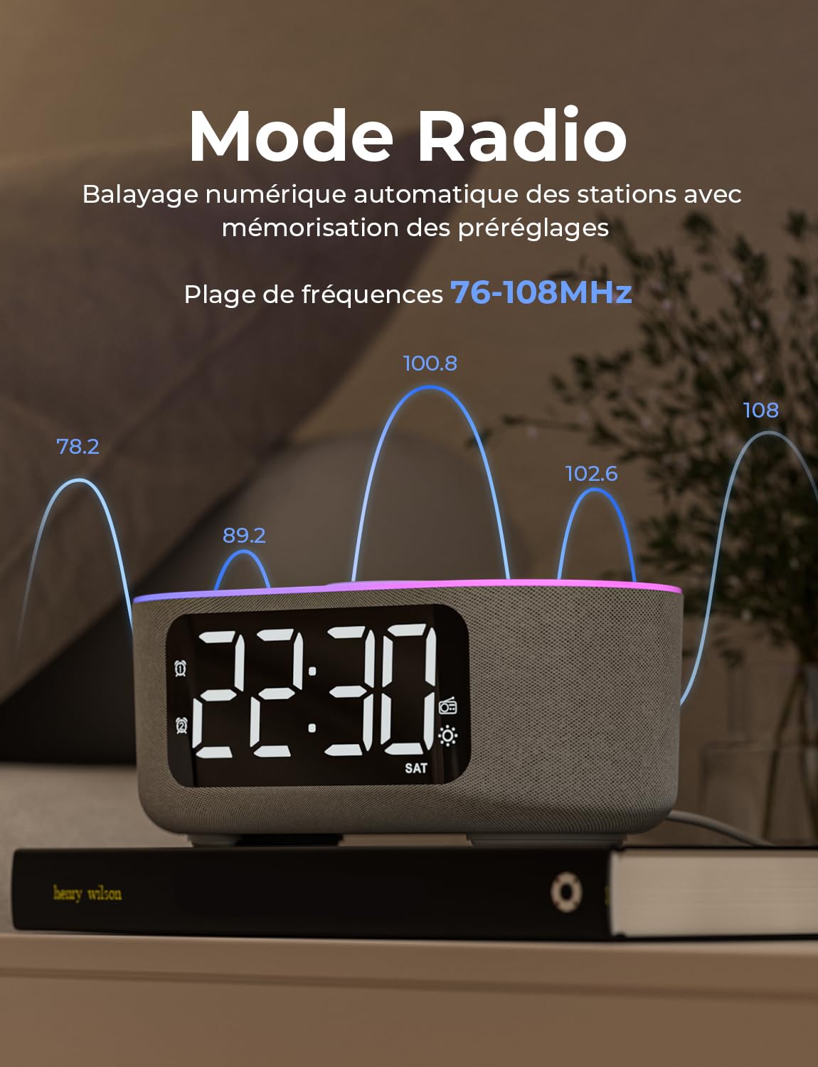 LIORQUE Radio Réveil Bluetooth avec Chargement sans Fil Qi 15W, Réveil Connecté avec Écran LED et 5 Luminosités Réglage, Auto Dimmer, 2 Alarms, Mode Week-End, Sommeil Sonore, Affichage Semaine