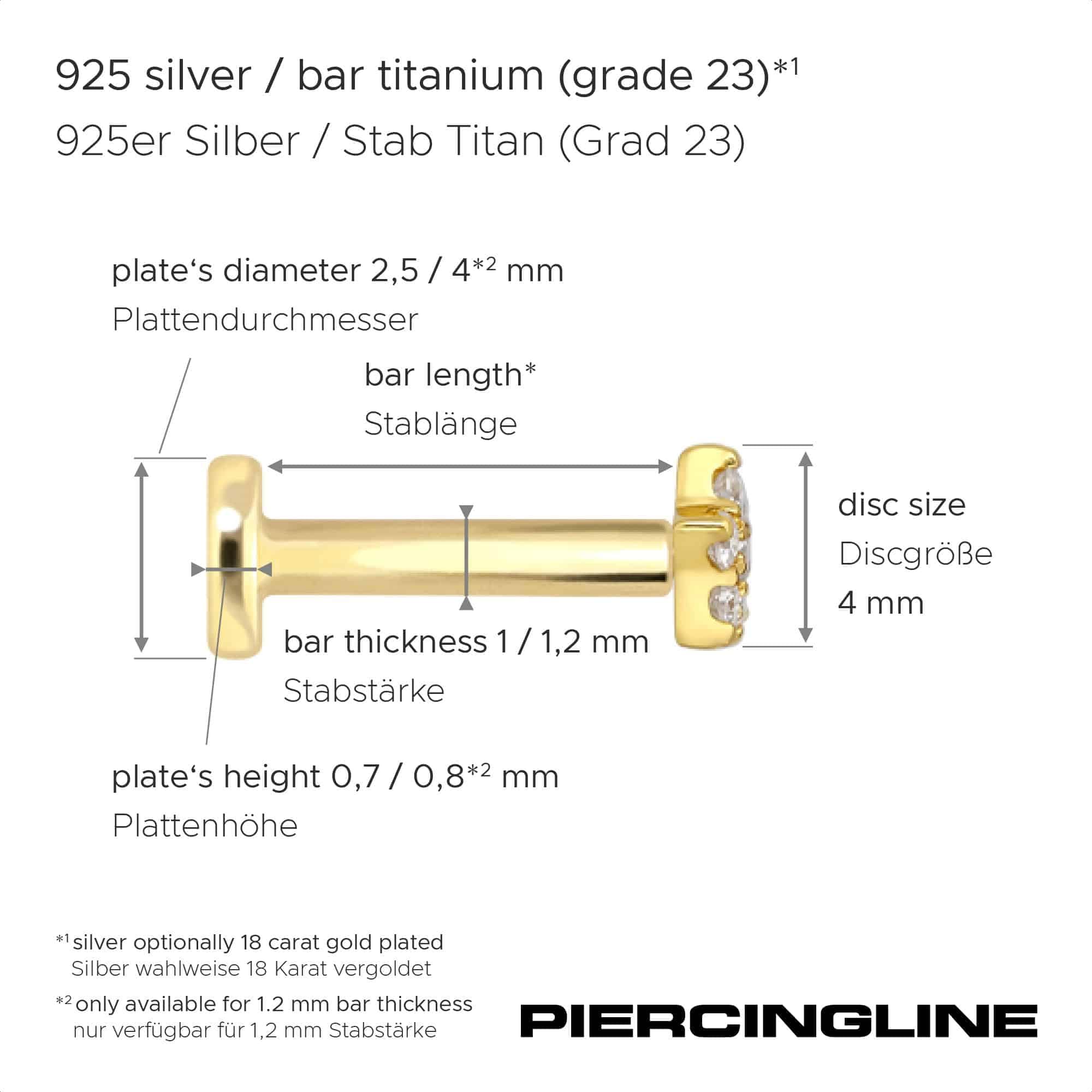 PIERCINGLINE Piercing Stecker Titan Labret mit Innengewinde + 925er Silber Aufsatz MOISSANIT-STERN - Goldfarben, Silberfarben