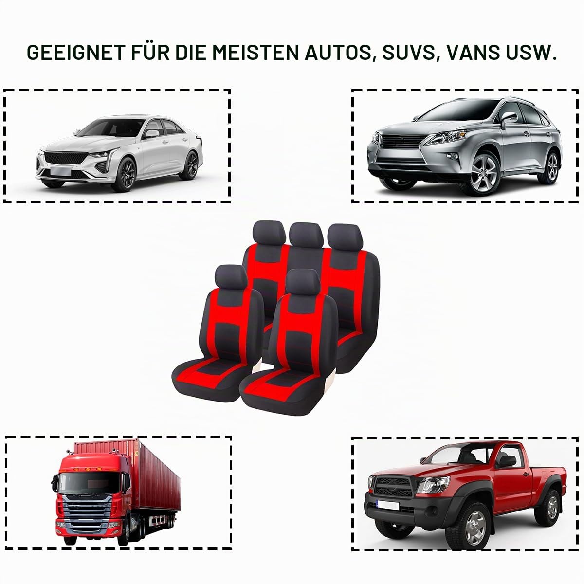 JNNJ 9 Stück Autositzbezüge Kompletter Satz, Klassisch Autositzbezüge Sitzschoner Auto Schonbezug Autositz, Sitzbezügesets Autositzbezüge Set Für 5 Sitzer(Rot)