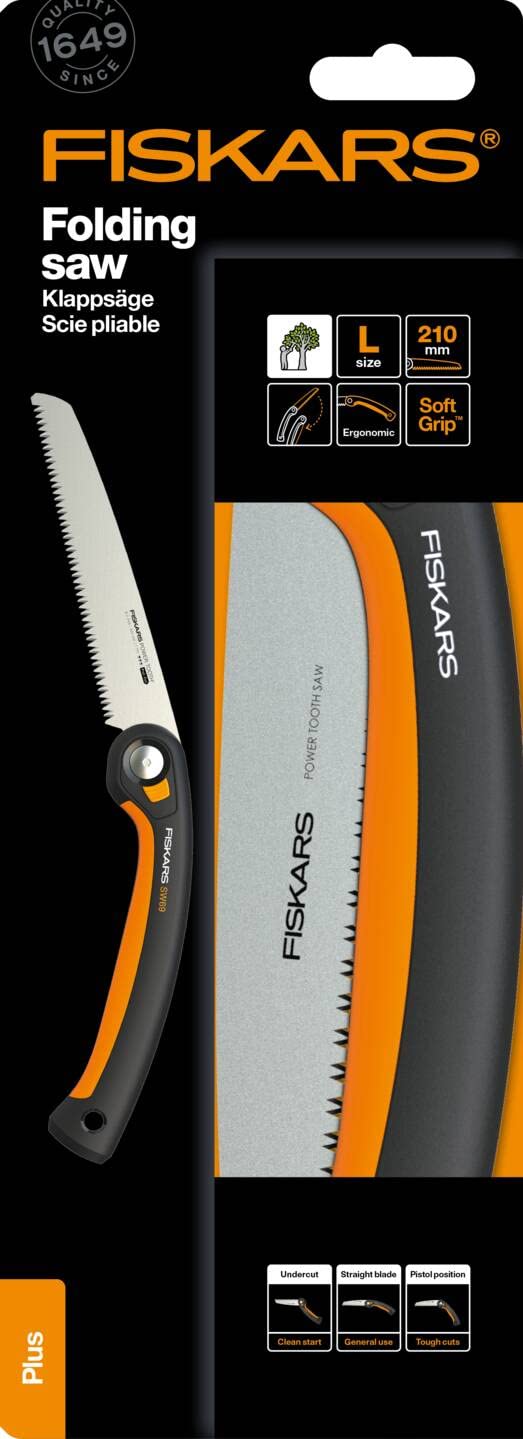 Fiskars Seghetto a Serramanico Plus, Per Rami e Tronchi Spessi, 3 Posizioni di Taglio, Lama Affilata Power Tooth, Denti Grossi, Lunghezza della Lama: 21 cm, Nero/Arancione, SW69, 1067553