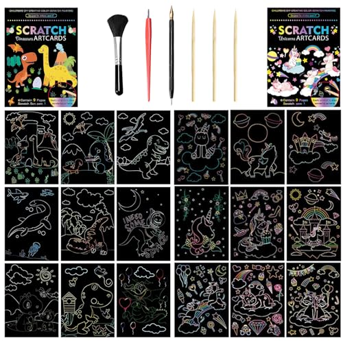 VLYX Kratzkunst-Set, 8-teiliges Regenbogen-Kratzpapier mit Stift und Holzwerkzeugen für Kinder und Erwachsene, Cartoon-Tiere Kunst- und Bastelset