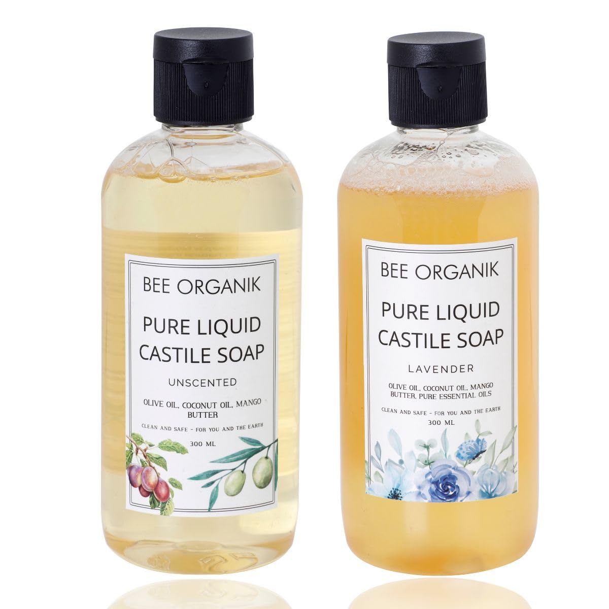 Bee Organik Liquid Castile Soap – Lavender & Unscented | Pack of 2 (300ml x 2) | Natural Face, Body, Baby & Multipurpose Cleaner | Organic Oils | SLS-Free, Vegan