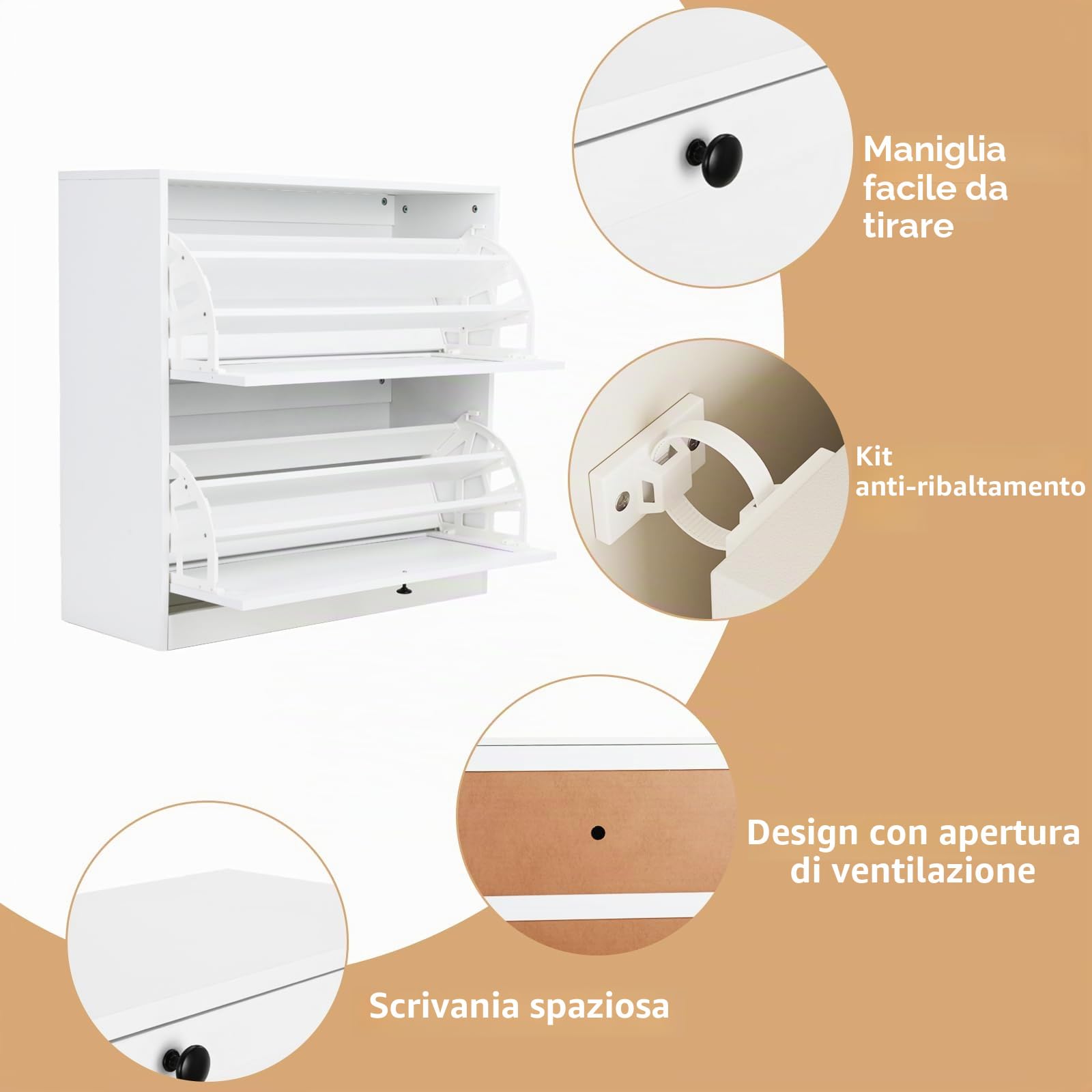 VOWNER Scarpiera Portascarpe in Legno, Scarpiera Slim, Ingresso, Regolabili, con 2 Ante a Ribalta e Tripla Profondita, 80x80x30 cm (LxAxP), per Ingresso Casa, Bianco