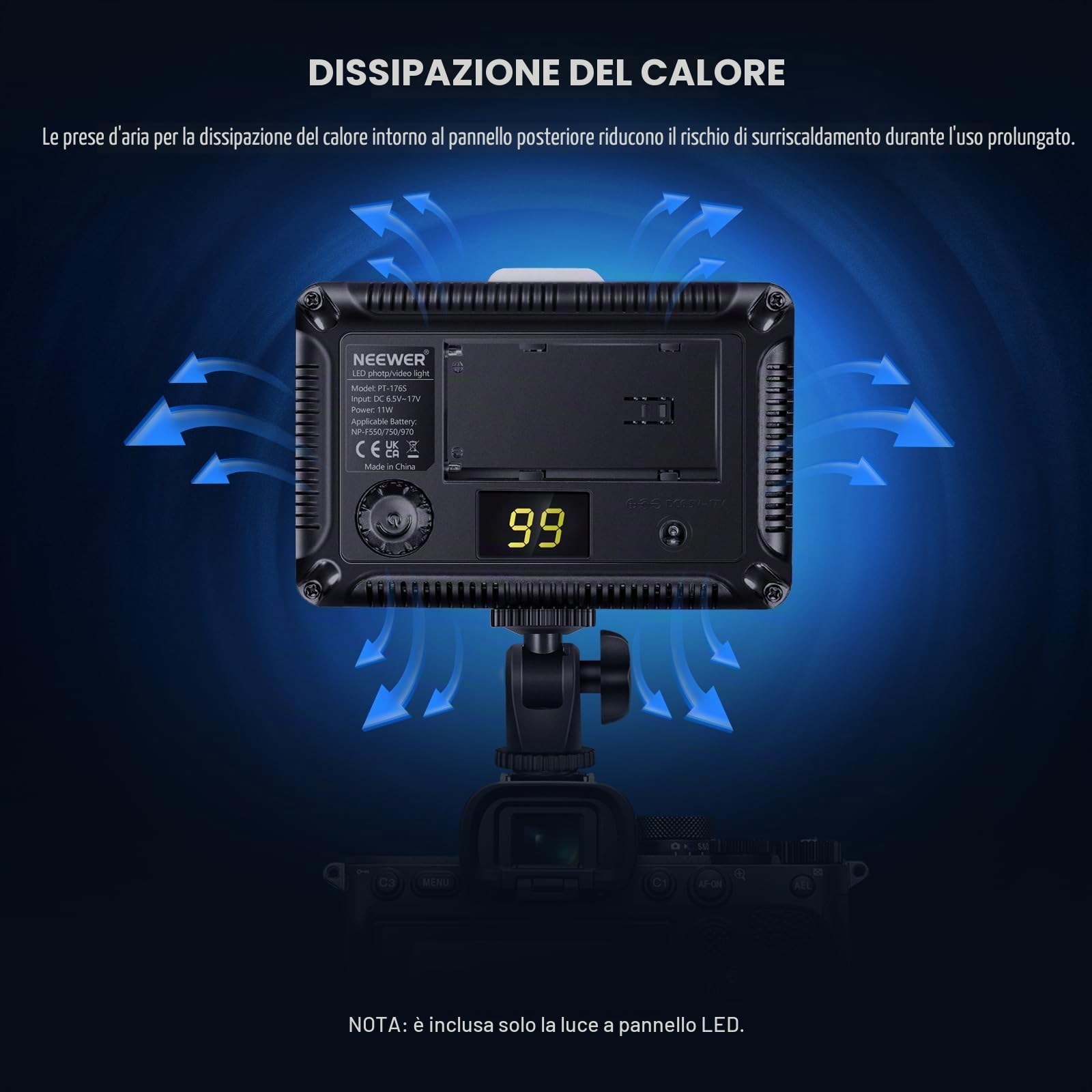 Neewer Kit d’Illuminazione Luce 176 LED: Pannello 176 LED Dimmerabile con Batteria a Litio 2200mAh, Caricabatterie a USB & Custodia, per Foto di Prodotti Ritratti