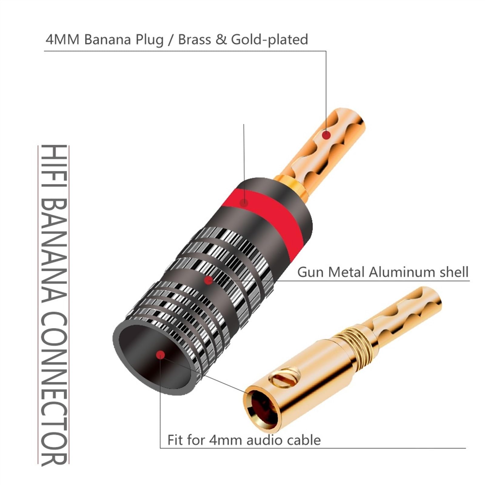 10 Paires de fiches Bananes Noires et Rouges, en cuivre plaqué Or 24K, connecteur Banane de 4mm, Prise de Haut-Parleur mâle, 20 pièces