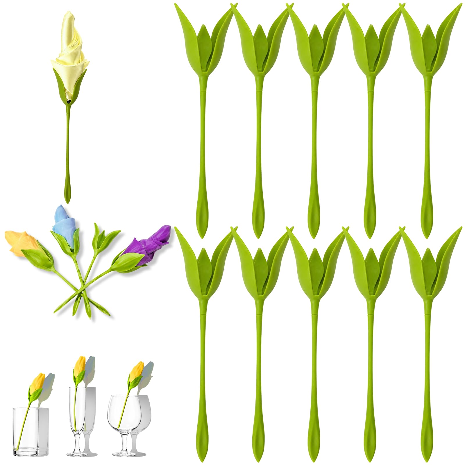 10Pcs Flower Napkin Ring Set, Tulip Stem Design Origami Style Napkin Holders, Elegant Table Decorations for Weddings and Banquets,Suitable for restaurants and home entertaining