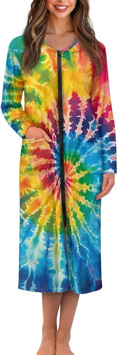 Biyejit Women Zipper Robe Long Sleeve Loungewear Lightweight Housecoat Full Length Nightgown House Dresses with Pockets