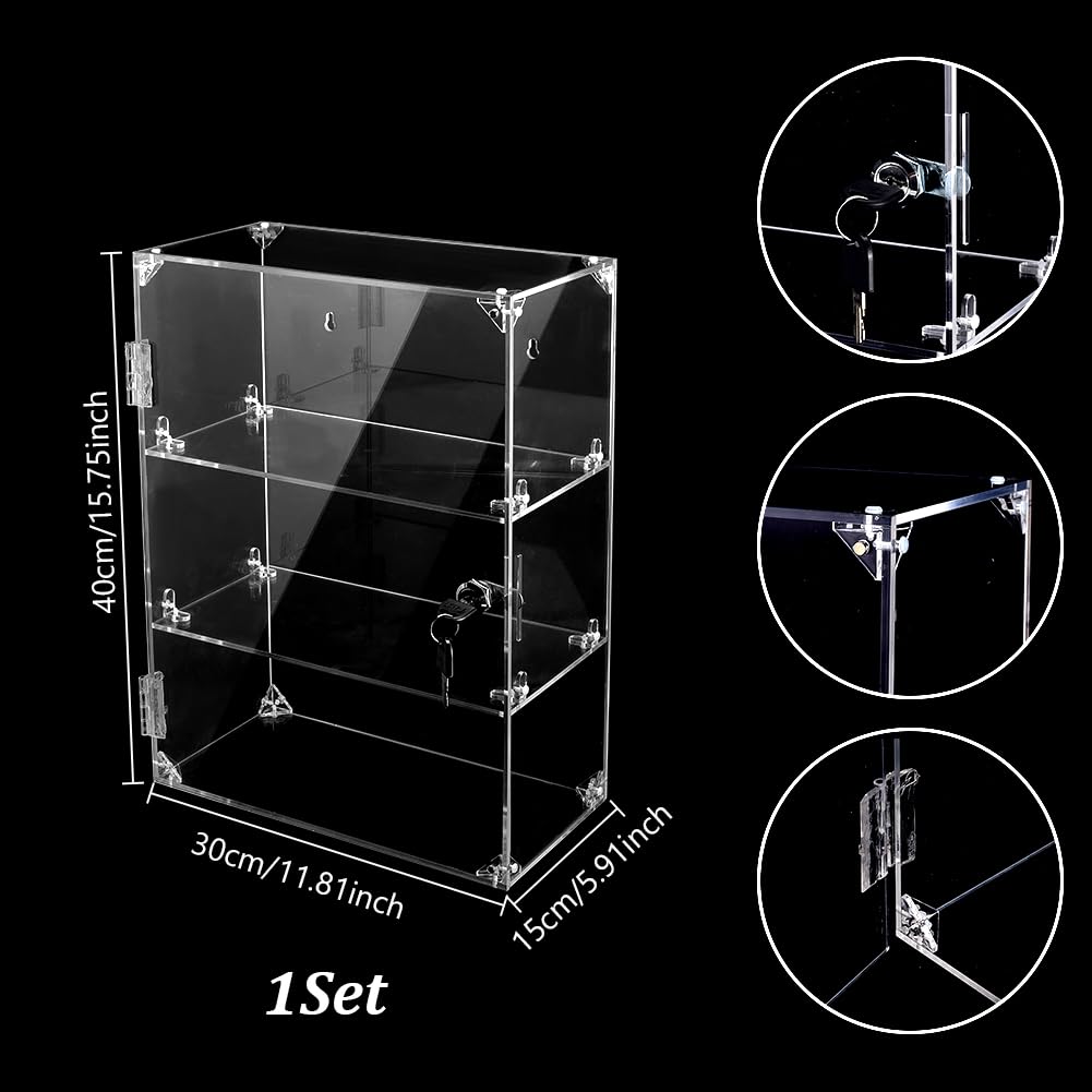 NBEADS Vitrina acrílica con llave de bloqueo, vitrinas transparentes de 3 niveles con estantes de bloqueo, vitrina para almacenamiento de figuras coleccionables, 15 x 30 x 40 cm