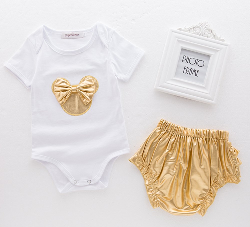 stylesilove Infant Baby Girl Minnie Inspired Bow Romper with Bloomers and Headband 3 pcs Outfit Set (80/6-12 Months, White)