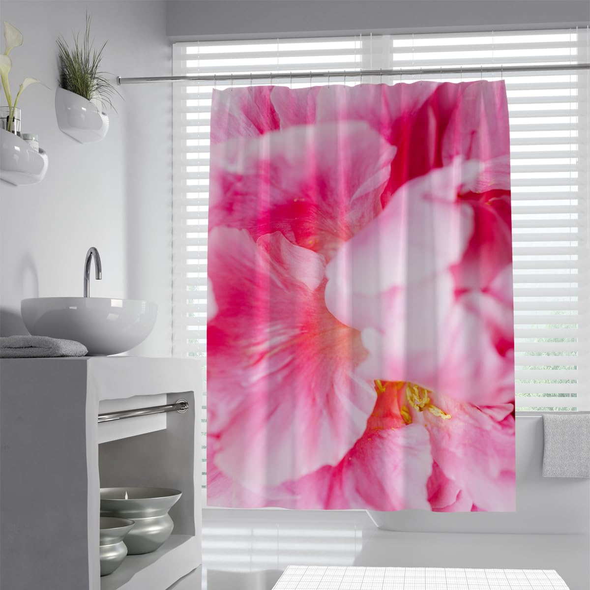 UIRINGART Vibrant Magenta Floral Bath Curtain W150xL180cm Hot Pink Hibiscus Petals Waterproof Mildew Resistant Bathroom Enclosure with Hooks