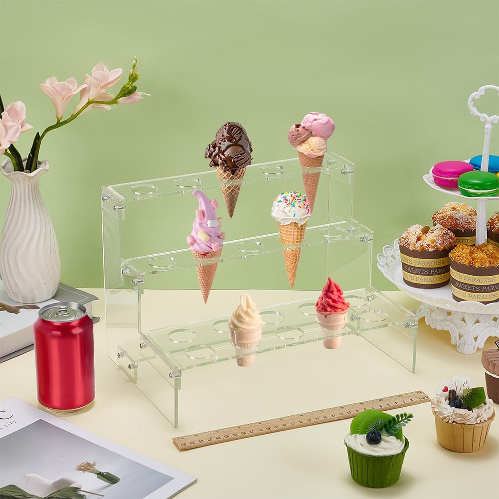 FINGERINSPIRE 20 Holes Ice Cream Stand 3 Tier Clear Acrylic Cone Holder Stand 12x8.3x8.7 Inch Waffle Display Stand with Nut for Party Birthday Catering Events