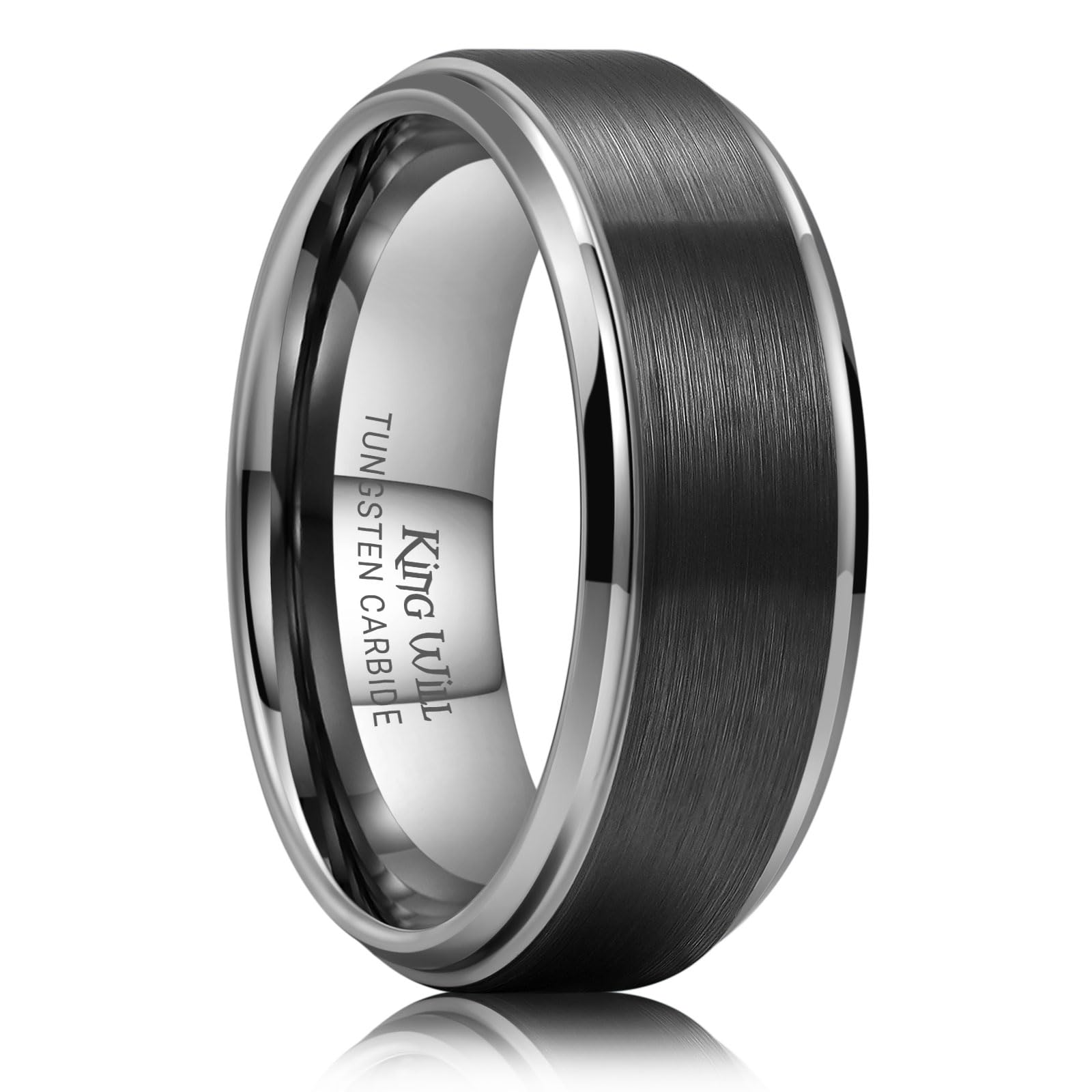 King Will Mens Brushed Wedding Band, Two Tone Matte Step Edges/Pipe Cut, Tungsten Carbide Anniversary Promise Rings Comfort Fit