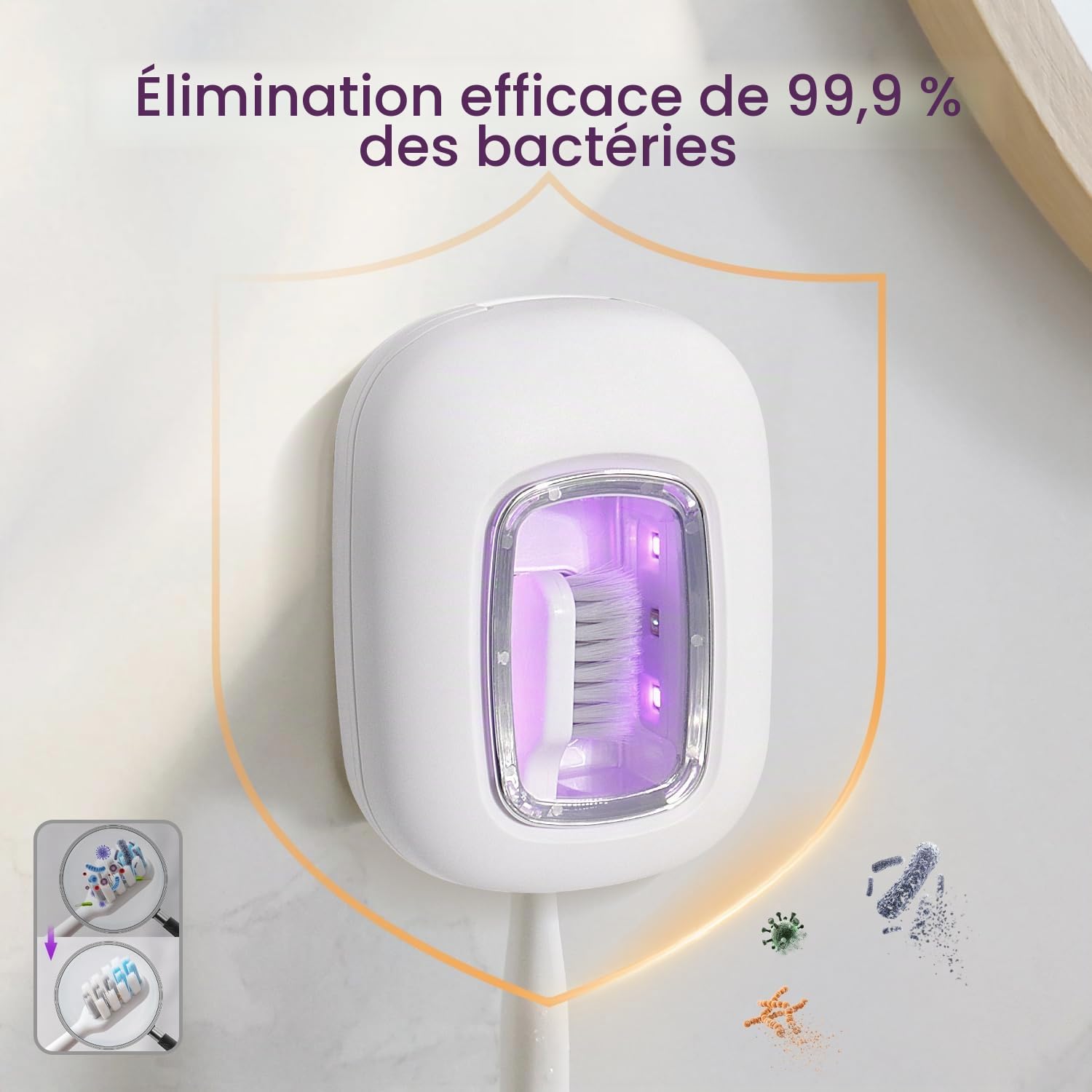 STB-047A Désinfectant pour brosse à dents avec deux lampes LED UVC - 2 × stérilisation pour une brosse plus propre, fenêtre transparente, support mural ou portable en option, s'adapte à la
