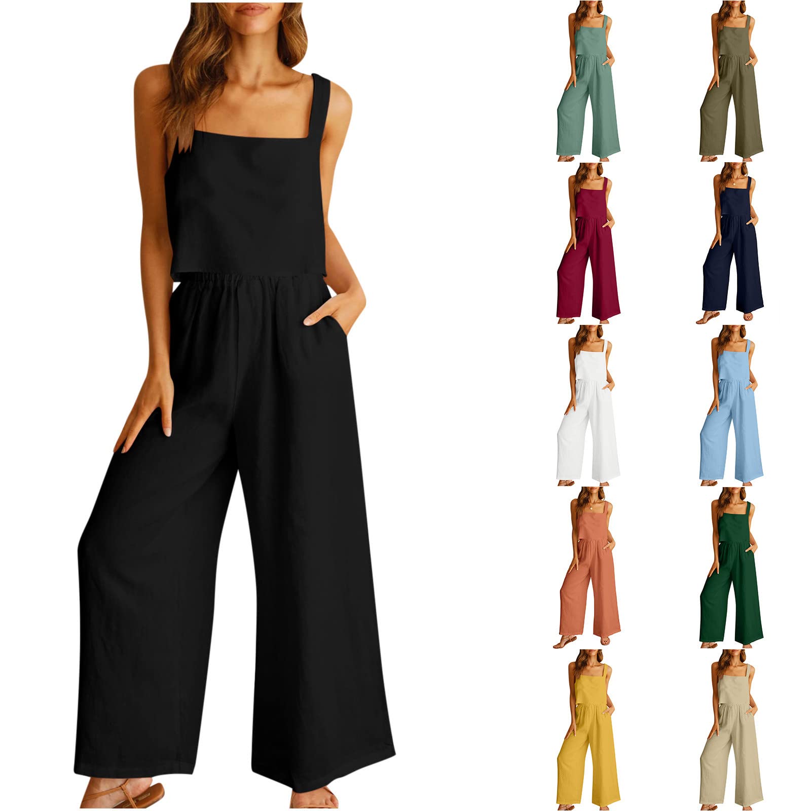 TIMIFIS 2 pezzi di cotone lino abiti per le donne estate casual canotta crop top gamba larga pantaloni lunghi set vacanza con tasca