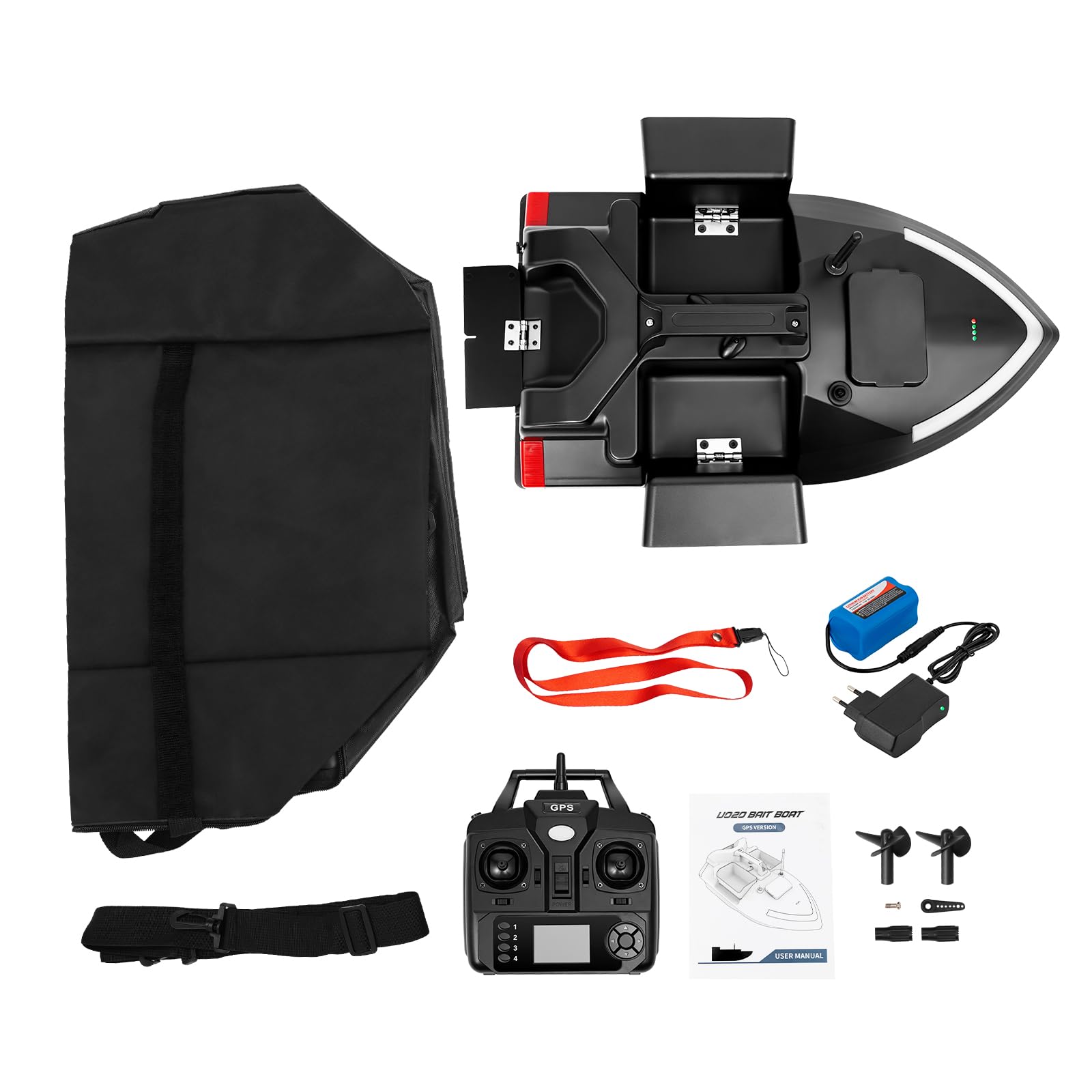 GPS Bateau à appâts 500M, bateau amorceur avec télécommande, bateau de pêche avec 3 boîtes à appâts, batterie 12000mAh, télécommande pour la pêche, bateau amorceur sans fil, pêche nocturne