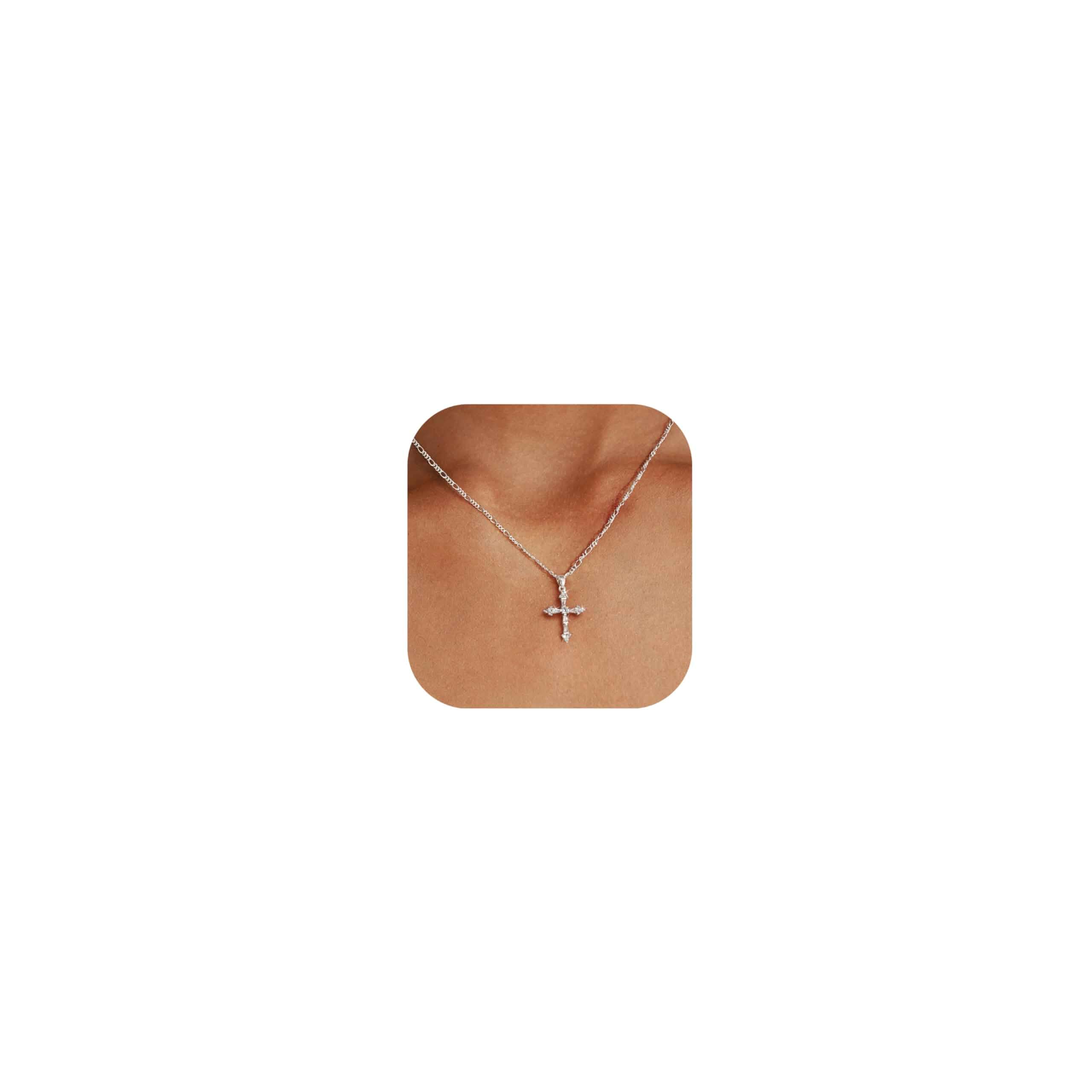 Cross Necklace for Women,14K Gold Plated Cross Pendant Necklace Jewelry Dainty Gold Cross Charm Necklaces,Box Figaro Beads Chain,Non Tarnish Trendy Christian Faith Jewelry,Small Simple Cute Gifts