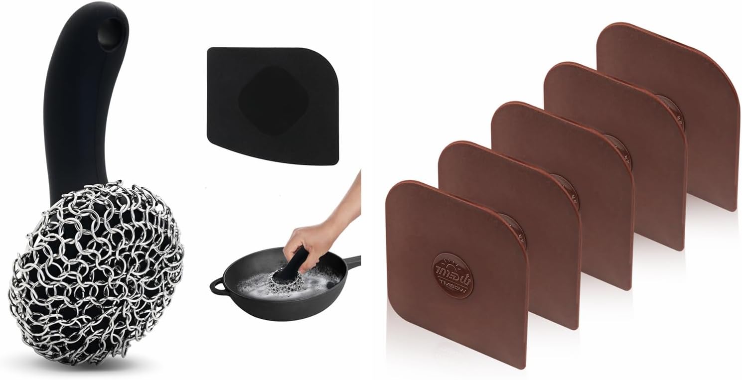 Cast Iron Scrubber + Pan Scraper Plastic, Chainmail