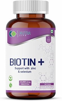 Nutra Life Biotin with Zinc & Selenium Tablets - 12000 mcg - 180 Tablets - Hair Growth Vitamins for Thicker Hair er Beard - Faster Nail Growth - Healthy Skin - for Men & Women