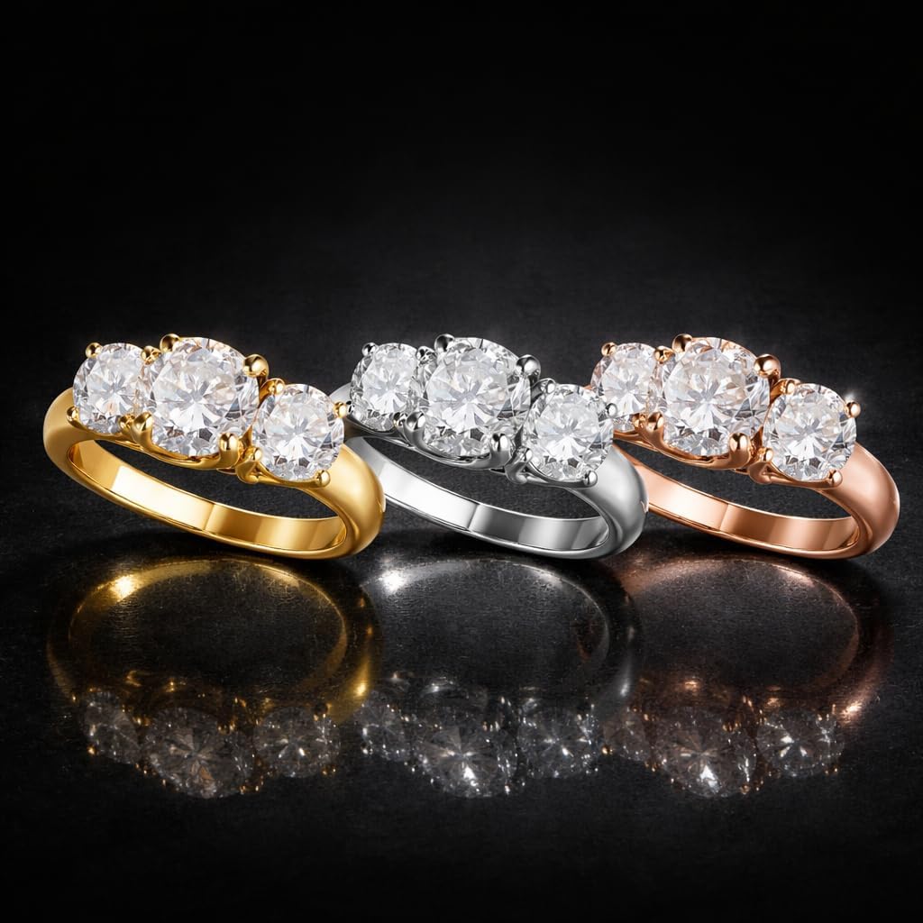 Mauli Jewels 1 Carat Three Stone Diamond Ring for Women Round Cut Engagement Ring 14K Rose Gold White Gold Yellow Gold 3 Stone Wedding Promise Ring
