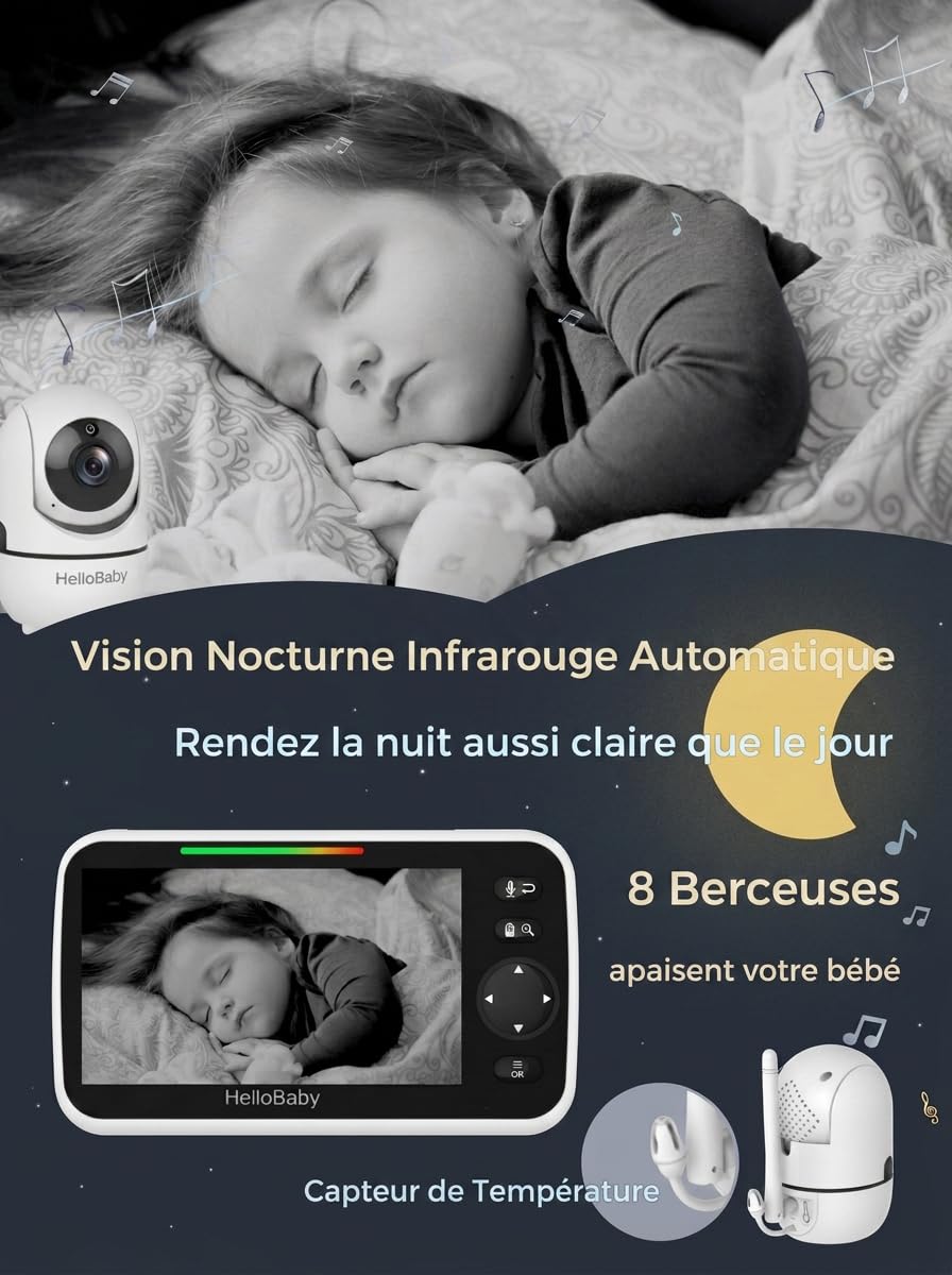 HelloBaby Babyphone avec caméra, sans WiFi, 5" IPS, HB6550, 3500 mAh | Caméra filaire, Rotation à 355°, Zoom inclinable à 120°, Audio bidirectionnel