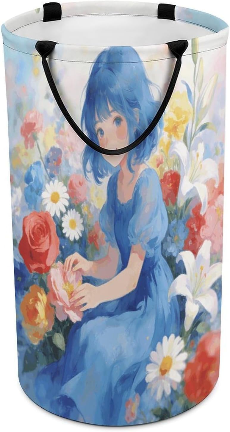 Blue Girl And Flowers Laundry Hamper 86L Waterproof Collapsible Clothes Basket with Double Handles Freestanding Foldable Laundry Basket Large Clothes Hamper for Bathroom