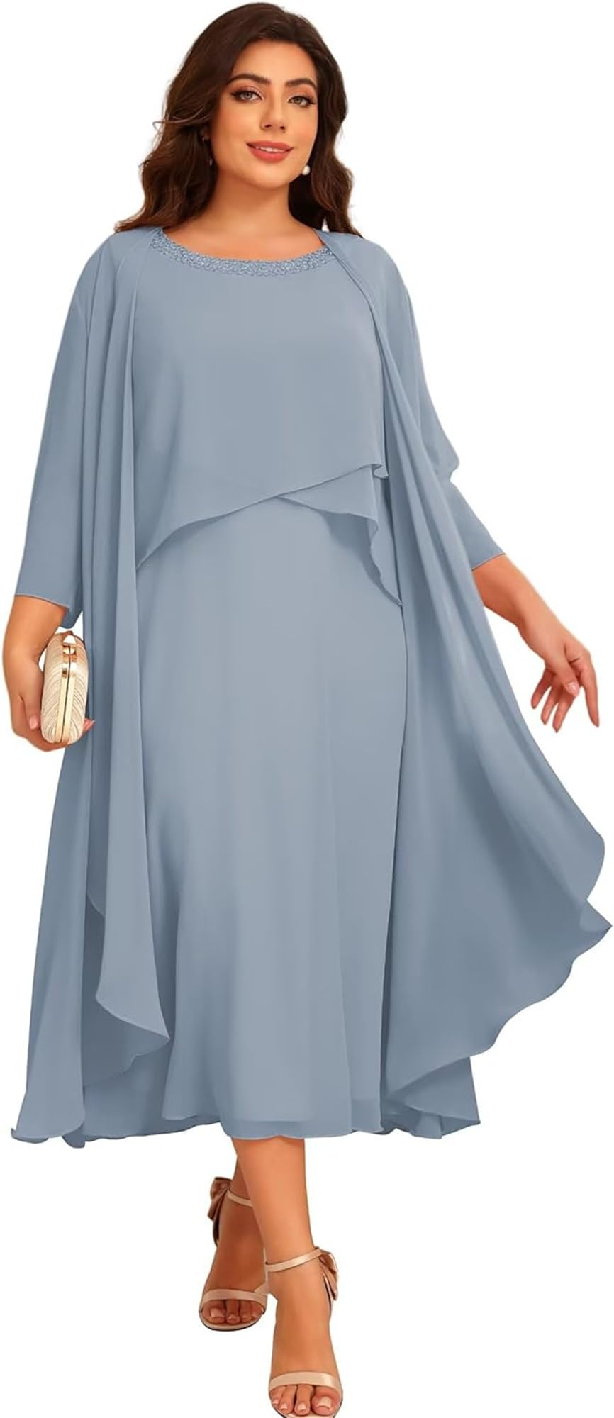 Große Größe Abendkleider Damen Lang,Zweiteilige Chiffon Brautmutterkleider mit Jacke Teelange A-Linien Hochzeitsgäste Kleid mit Bolero