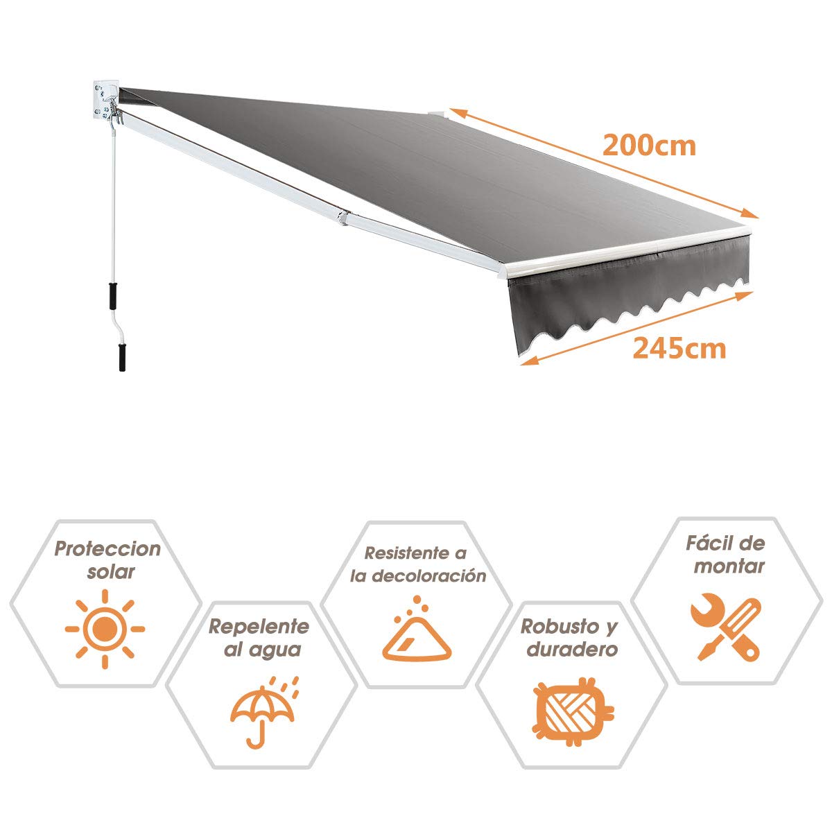COSTWAY Toldo Manual Retráctil Plegable, Toldo para Ventana de Metal y Poliéster, Multifuncional Toldos Exterior con Manivela de Metal,Impermeable para Balcón y Veranda (2,45 x 2 m, Gris)