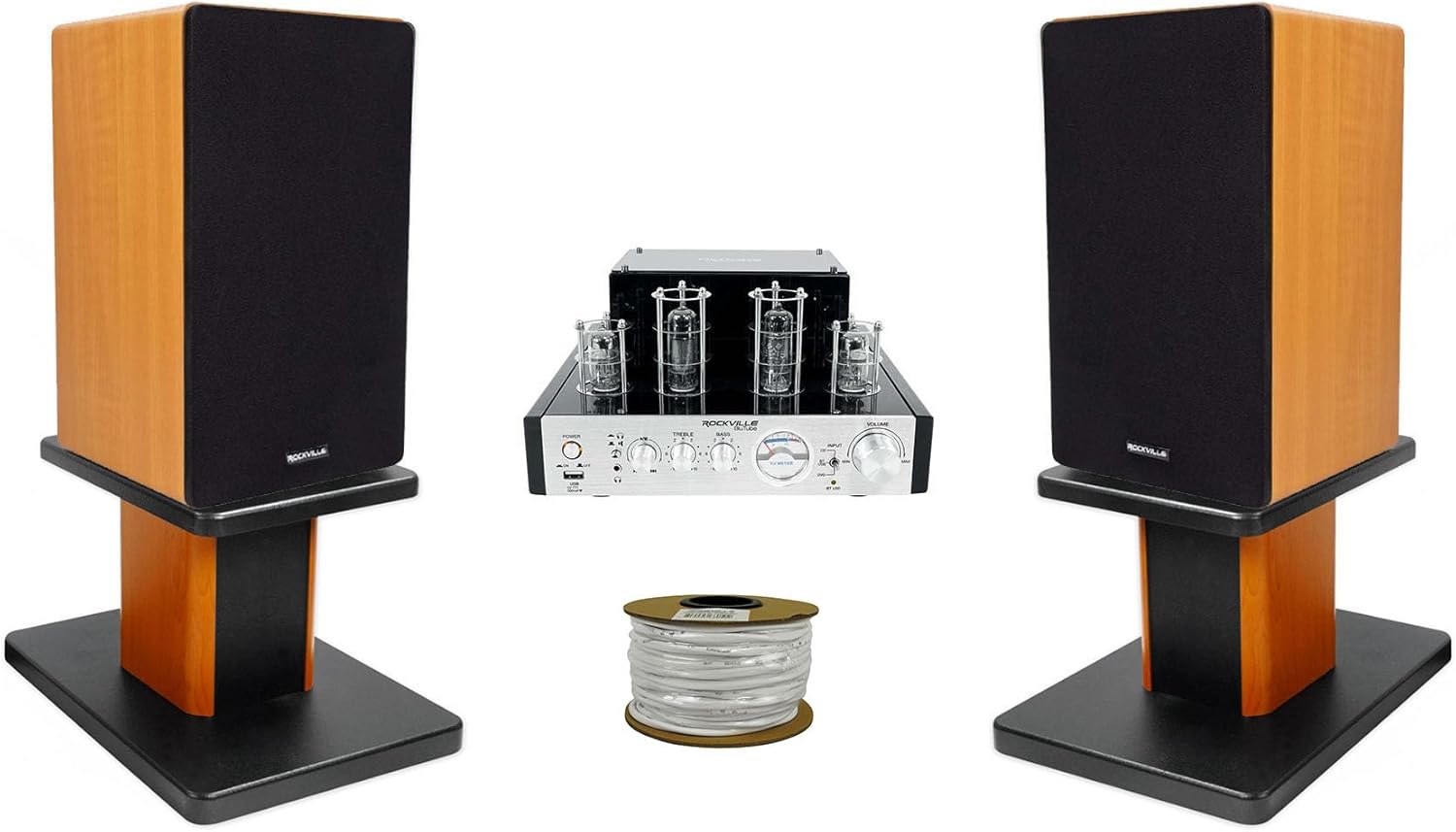 Rockville BluTube Bundle: 70W Tube Amplifier w/Bluetooth, (2) ROCKSHELF 6.5 in Home Theater Bookshelf Speakers, (2) RHT8C 8" Wood Speaker Stands, 100ft 14G CL2 CCA Speaker Wire, 6-Items