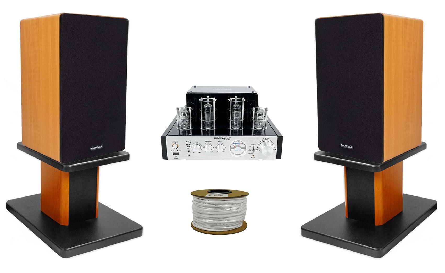 Rockville BluTube 70w Tube Amplifier Receiver Bundle Blue 14G50 OFC, (2) RockShelf 64C 400w Bookshelf Speakers & (2) RHT8B Bookshelf Speaker Stands (4 Items)