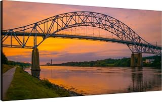 Canvas Wall Art for Living Room Bedroom Sunrise over the arching Sagamore Bridge and riverbank footpath Cape Big Large Wall Art Decor Framed Painting Wall Pictures Prints Artwork Office