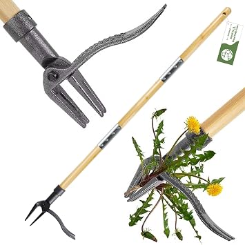 Weed Puller, Stand Up Heavy Duty Weed Remover Tool with Long Handle 4-Claw Steel Head Weeder for Dandelions, Bamboo Garden Hand Weeding Tool, No Kneeling for Easy Root Removal