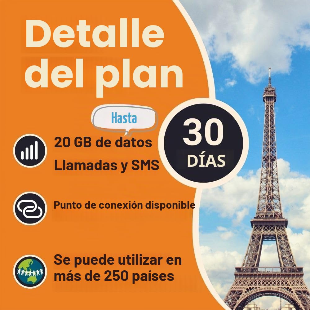 Tarjeta SIM prepago Orange Holiday Worldwide con 20 GB por 30 días en 4G/LTE | Tethering Permitido | Llamadas y SMS | Incluye Soporte SIM + Pin (SIM Internacional, Asia, América, Europa)