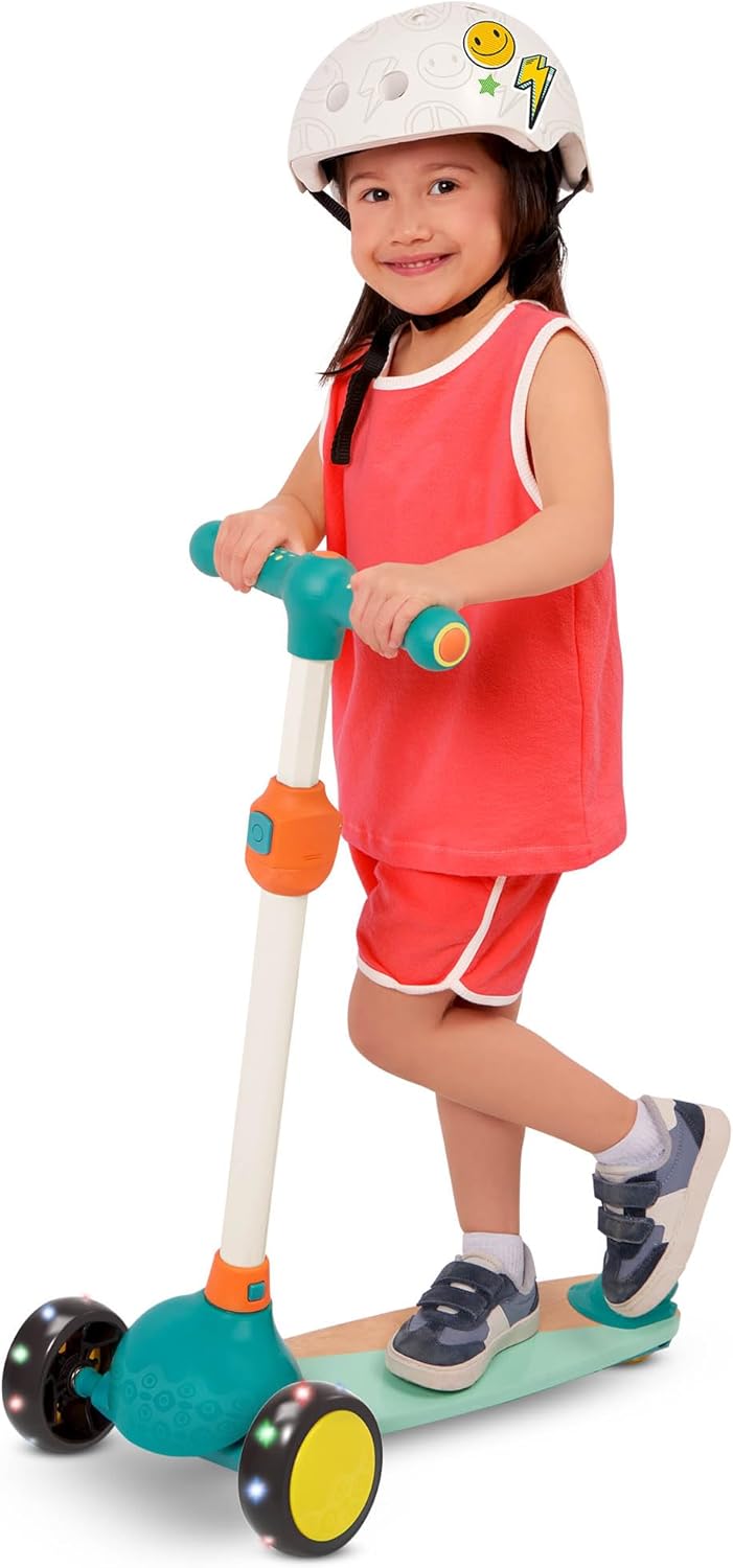 B. Toys – Wood Kids Scooter – Adjustable Height & Light-Up Wheels – 3-Wheel Scooter – Solid Wooden Deck – 3 Years + – Scooter Fun