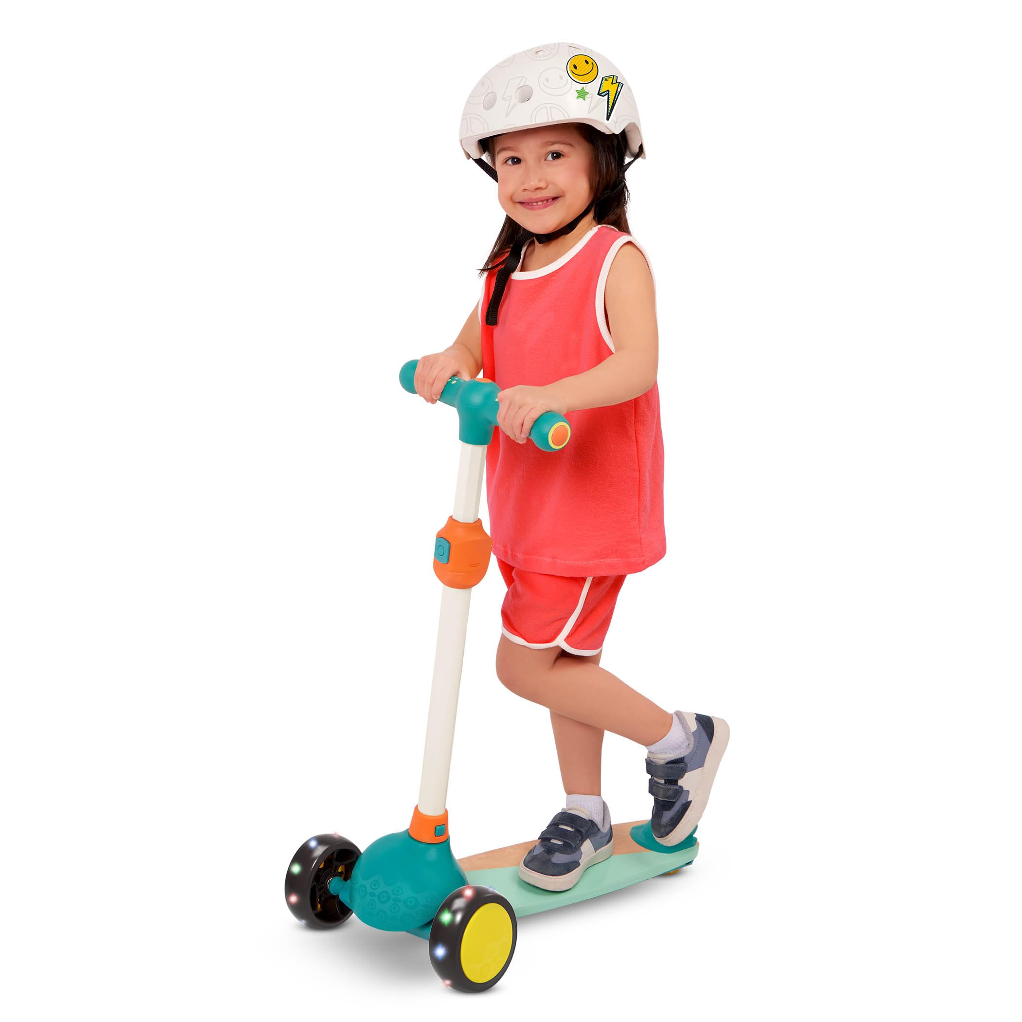 B. Toys Wooden Kids Scooter Adjustable Height & Light-Up Wheels 3-Wheel Scooter Solid Wooden Deck 3 Years +