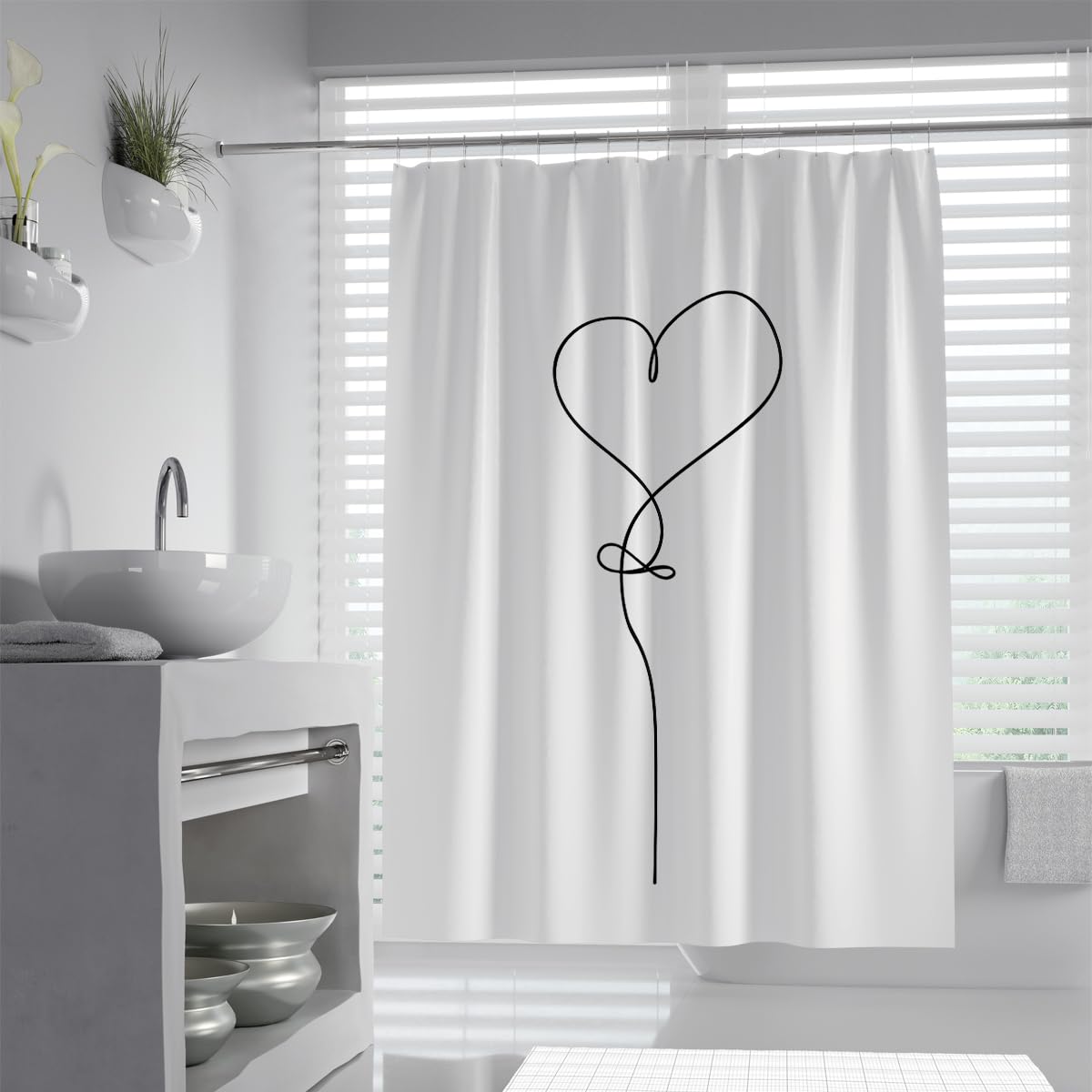 Uiringart Shower Curtains White Minimalist Heart Balloon W180xl200cm Abstract Line Art Mildew Resistant Waterproof Bath Tub Curtain Decor With Hook