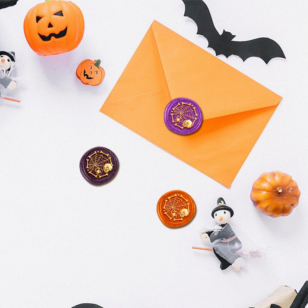 DELORIGIN Halloween Spider Web Skull Wax Seal Stamp Vintage Sealing Stamps 1" Removable Brass Head Seal Stamp Wooden Handle for Envelope Greeting Card Letters Halloween Invitations Gift Wrapping - Image 3