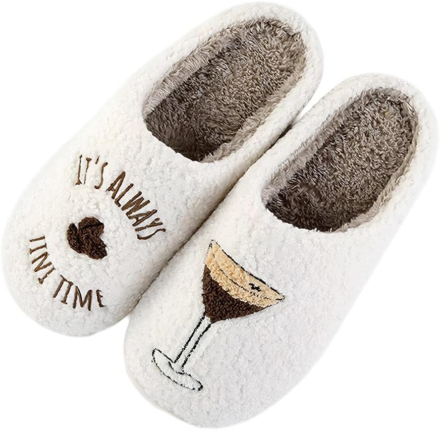 Espresso Martini Slippers for Women Men，Fuzzy Warm Martini Glasses Slippers，Funny Soft Creative Design House Shoes