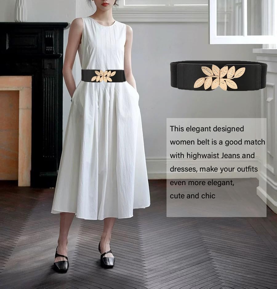 Women's Stretchy Elastic Waist Belt for Dresses, Vintage Wide Leaf Print Design - Image 3