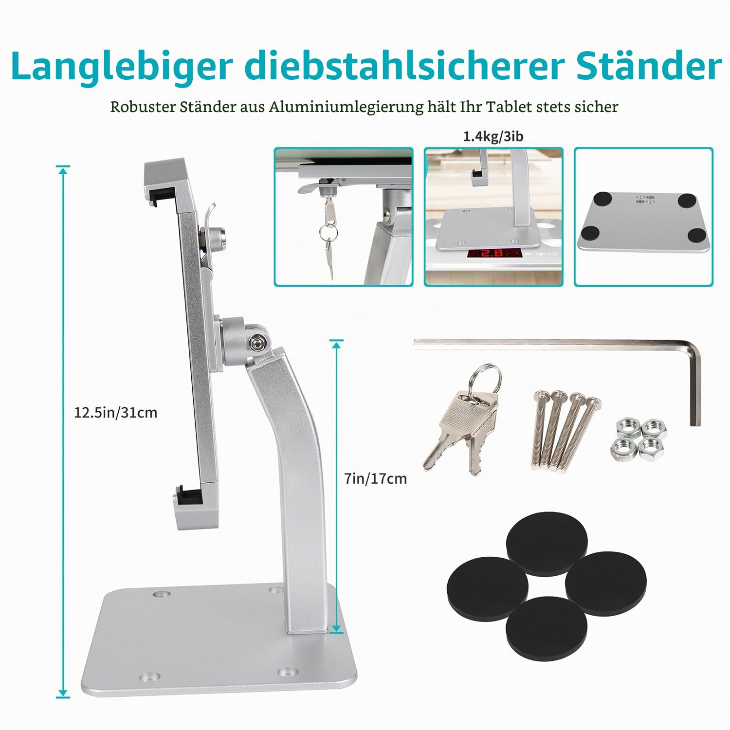 Desktop Tablet Halterung mit Anti Diebstahl Schloss und Schlüssel | Heavy Duty Aluminium Tablet Halter für Kiosk Commercial für iPad Pro Air Mini, Galaxy Tabs, Surface, mehr 7-11" Tablets